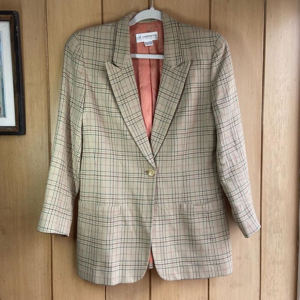 VTG Liz Claiborne Plaid Blazer Petite 8 Rayon 80s Academia Preppy Chic